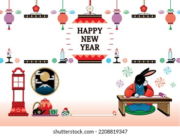 Year of the rabbit illustration new year's card greeting post card design frame