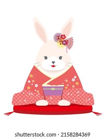 The Year Of The Rabbit Mascot Illustration. A Personified Rabbit Dressed In Japanese Kimono Offering Her New Year Greetings. Vector Illustration Isolated On A White Background.