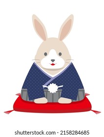 The Year Of The Rabbit Mascot Illustration. A Personified Rabbit Dressed In Japanese Kimono Offering His New Year Greetings. Vector Illustration Isolated On A White Background.