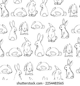 Year of the rabbit seamless pattern. Painted rabbits on a white background. Vector endless ornament. Cute bunnies for children's room and textiles. Baby animals. Forest dwellers.