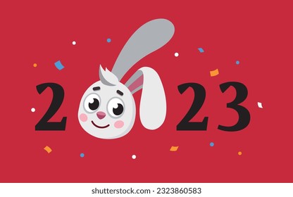 Year of rabbit zodiac. 2023 year text with rabbit head and confetti, chinese new year postcard. Symbol of lunar new year.