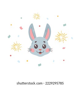 Year of rabbit zodiac. Bunny head with fireworks and confetti, chinese new year postcard. Symbol of lunar new year. Vector cartoon hare. Character, mascot, symbol, sign of Chinese New year.