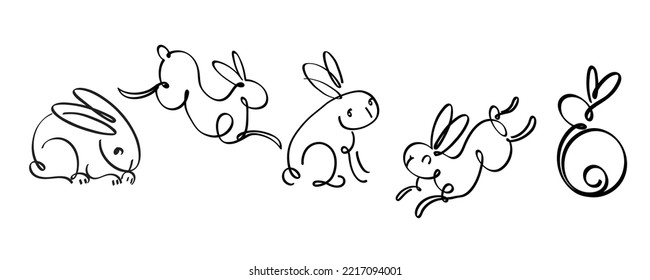 Year of the rabbit zodiac. Hand drawn bunny contour with a paintbrush. Simple minimalist Chinese zodiac of rabbit design for greeting card, poster, banner, brochure, calendar. Vector illustration.