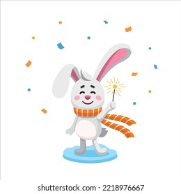 Year of rabbit zodiac. Hare with sparkler and confetti, chinese new year postcard. Symbol of lunar new year. Vector cartoon rabbit. Character, mascot, symbol, sign of Chinese New year.