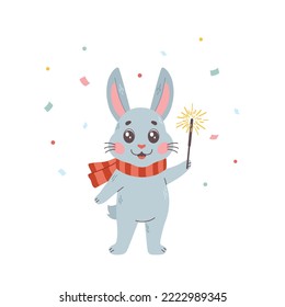 Year of rabbit zodiac. Hare with sparkler and confetti, chinese new year postcard. Symbol of lunar new year. Vector cartoon rabbit. Character, mascot, symbol, sign of Chinese New year.