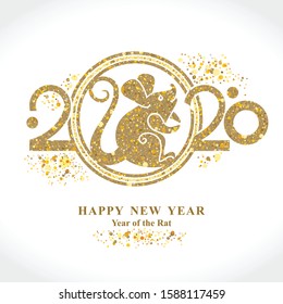 Year of the Rat 2020 in the Chinese calendar. Golden symbol on a light background and lettering. Beautiful New Year illustration with the symbol of the year metal Rat.
 