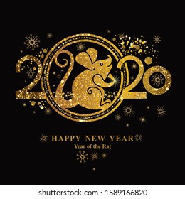 Year of the Rat 2020 in the Chinese calendar. Golden symbol on a black background and lettering. Beautiful New Year illustration with the symbol of the year metal Rat.
 