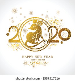 Year of the Rat 2020 in the Chinese calendar. Golden symbol on a light background and lettering. Beautiful New Year illustration with the symbol of the year metal Rat.