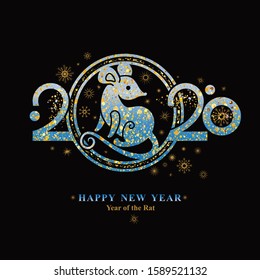 Year of the Rat 2020 in the Chinese calendar. Shining metal rat symbol on a black background and lettering. Beautiful New Year illustration with symbol 2020 metal Rat.
 
