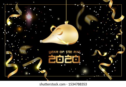 Year Of The Rat 2020. Chinese New Year eve. Golden ball in the shape of a rat. Christmas toy mouse on a rope. Vector 3d realistic. Shiny confetti and serpentine on black festive background. EPS10.