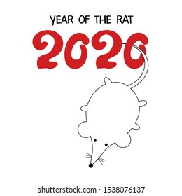 Year Of The Rat 2020. Chinese New Year eve. Cartoon cute rat hangs on the numbers 2020. White mouse on white background. Holiday greeting card. animal zodiac sign. Flat vector illustration. Icon, logo