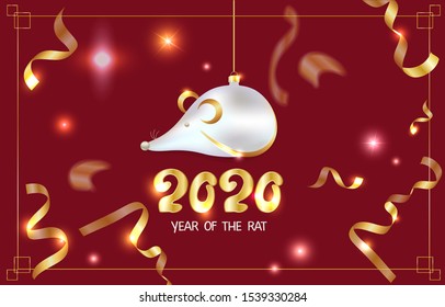 Year Of The Rat 2020. Chinese New Year eve. New year's eve ball in the shape of a rat. Christmas toy mouse on a rope. Vector 3d realistic. Shiny serpentine on red festive background in a gold frame.
