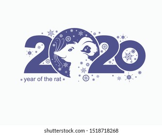 Year of the Rat 2020. Cute cartoon White Rat. Vector template New Year's design on the Chinese calendar. 