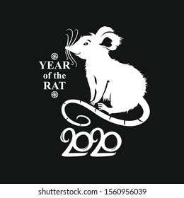 Year of the Rat 2020. Cute cartoon White Rat pattern on a black background. Vector template New Year's design on the Chinese calendar. 