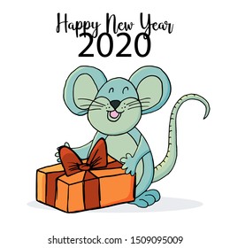 Year of the Rat 2020. Festive symbol cartoon style on a white background. Happy New Year 2020. Banner. Rat with gifts
