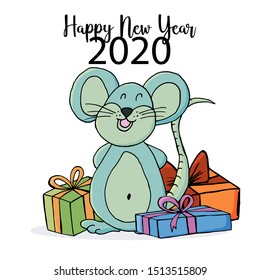 Year of the Rat 2020. Festive symbol on a white background. Happy New Year 2020. Banner. Rat with gifts in cartoon style