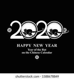 Year of the Rat 2020 flat design. Chinese New Year. Two cute rats are running against the background of 2020. Year of the rat vector template.
