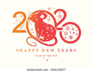 Year of the Rat. 2020. Flat pattern 2020 and smiling cute rat and snowflakes. Vector template New Year's design on the Chinese calendar. 