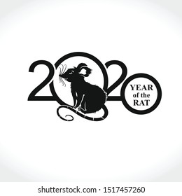 Year of the Rat 2020. Flat symbol cute rat sitting in a circle. Vector template with the inscription 2020 and Rat. New Year on the Chinese calendar.