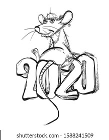 Year of the rat 2020. Funny cartoon rat. Vector template with the inscription 2020 and Rat. New Year on the Chinese calendar.