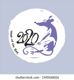 Year of the Rat 2020. Handwritten template with the inscription 2020 and Rat on a background of round stamp. Imitation of painting with brush. New Year on the Chinese calendar.


