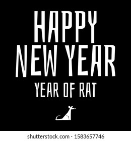 Year of Rat. 2020. Happy New Year. Vector black and white illustration. New year on the eastern calendar. Stylish black and white postcard.