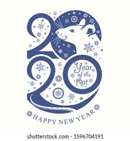 Year of the Rat 2020. Happy New Year 2020. Vertical template New Year's design on the Chinese calendar. Vector template 2020 and snowflakes. 