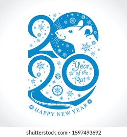 Year of the Rat 2020. Happy New Year 2020. Vertical blue template New Year's design on the Chinese calendar. Vector template 2020 and snowflakes. 

