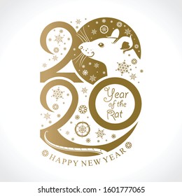 Year of the Rat 2020. Happy New Year 2020. Year 2020. Vertical golden template New Year's design on the Chinese calendar. Vector template 2020 and snowflakes. 