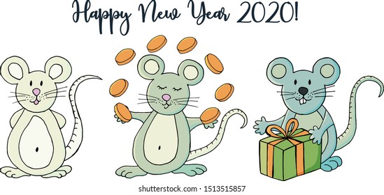 Year of the Rat. 2020 inscription on a white background. Happy New Year 2020. Cartoon style Banner, flyer. Symbol of the year. Three rats