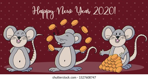 Year of the Rat. 2020 inscription on a red background. Happy New Year 2020. Web banner, print, typography. Symbol of the year. Three rats. Cartoon style