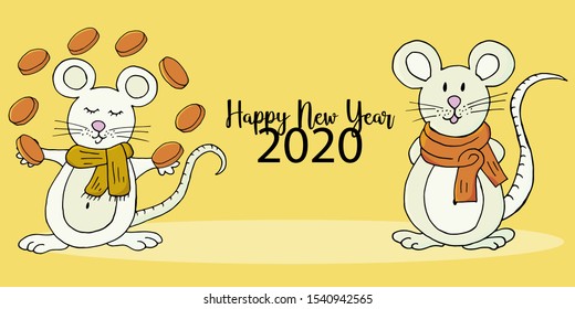 Year of the Rat. 2020 inscription on a yellow background. Happy New Year 2020. Banner, flyer, postcard. Symbol of the year. Two rats. Cartoon style