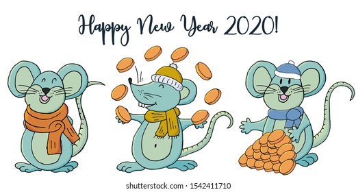Year of the Rat. 2020 inscription on a white background. Happy New Year 2020. Banner, Symbol of the year. Three rats. Cartoon style