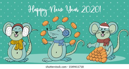 Year of the Rat. 2020 inscription on a blue background. Happy New Year 2020. Cartoon style. Web banner, print, typography. Three rats