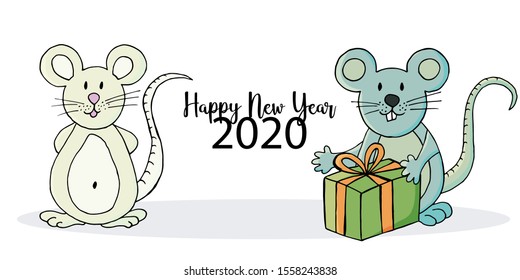 Year of the Rat. 2020 inscription on a white background. Happy New Year 2020. Banner. Symbol of the year. Two rats. Cartoon style