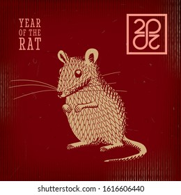Year of the Rat 2020 Inverted Comic Creative Concept with Mouse Standing on Back Paws and Zeroes Making Mobius Loop Logo Lettering - Gold on Red Background - Vector Hand Drawn Graphic Design