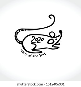 Year of the Rat 2020. Line art Rat and the inscription 2020. Vector Illustration sketch of a funny mouse. Rat 2020 on the Chinese Calendar.