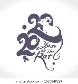 Year of the rat 2020 logo design. Flat symbol pretty white rat in a 2020. Vector template with the inscription 2020 and Rat. New Year on the Chinese calendar.