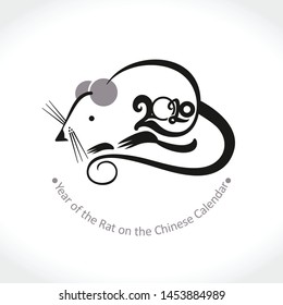 Year of the Rat 2020 on the Chinese Calendar. New Year greeting template. Calligraphy and mouse. Vector Illustration.