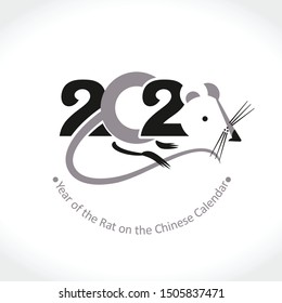 Year of the Rat 2020 on the Chinese Calendar. New Year greeting template. Calligraphy and mouse. Vector Illustration.