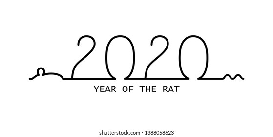 Year of the rat 2020 one line illustration. Vector illustration is isolated on white background. Illustration of rat and new year 2020 in minimalism style.Can be used for print, as postcard, greeting.