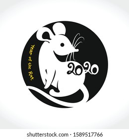Year of the Rat. 2020. Round vector template with white cute rat.