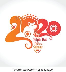 Year of the Rat 2020. Stylish flat vector template 2020 with a cute white rat. Chinese New Year of the Metal Rat. New Year on the Chinese calendar.
