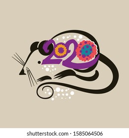 Year of the rat 2020 symbol design. 2020 blooming flowers. Vector template. New Year on the Chinese calendar.
