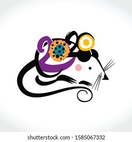 Year of the rat 2020 symbol flat vector design. 2020 blooming flowers. Vector template. New Year on the Chinese calendar.