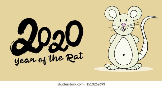 Year of the Rat. 2020 typographic inscription on a yellow background. Happy New Year 2020. Banner, flyer, postcard. Symbol of the year. Cartoon style