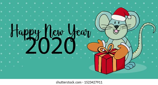 Year of the Rat. 2020 typographic inscription. Happy New Year 2020. Banner, flyer, postcard. Symbol of the year with a gift, in a New Year hat in cartoon style
