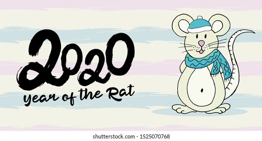 Year of the Rat. 2020 typographic inscription. Happy New Year 2020. Web banner, print, typography. Symbol of the year in a hat and scarf. Cartoon style