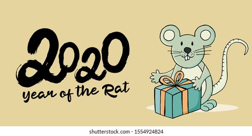 Year of the Rat. 2020 typographic inscription on a yellow background. Happy New Year 2020. Banner, flyer. Symbol of the year with a gift in cartoon style