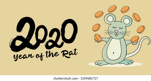 Year of the Rat. 2020 typographic inscription on a yellow background. Happy New Year 2020. Banner, flyer, postcard. Symbol of the year with coins. Cartoon style